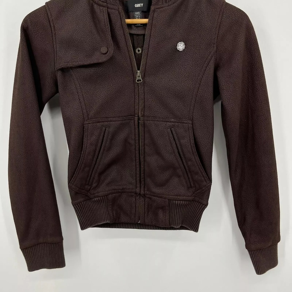 Obey Full Zip Hoodie Women's Size 2XS Brown Pockets Logo Faux Leather‎ Skate - Picture 3 of 10
